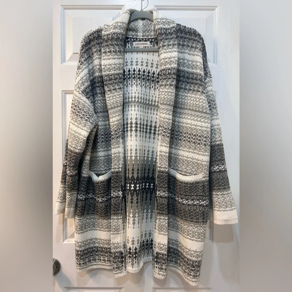 Lucky Brand Gray Striped Shawl Collar Cardigan Women Sz L‎ Boho Cozycore Comfort